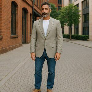 Haggar Blazer Mens 40L Beige Herringbone Wool Sport Coat Made USA Classic Jacket